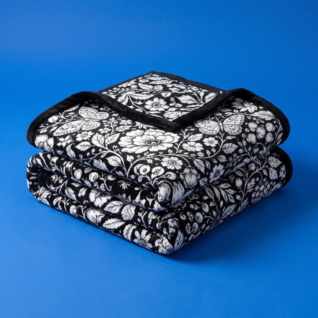 The Blanksy coloring blanket in Wildflowers, folded, black fleece with white floral outlines