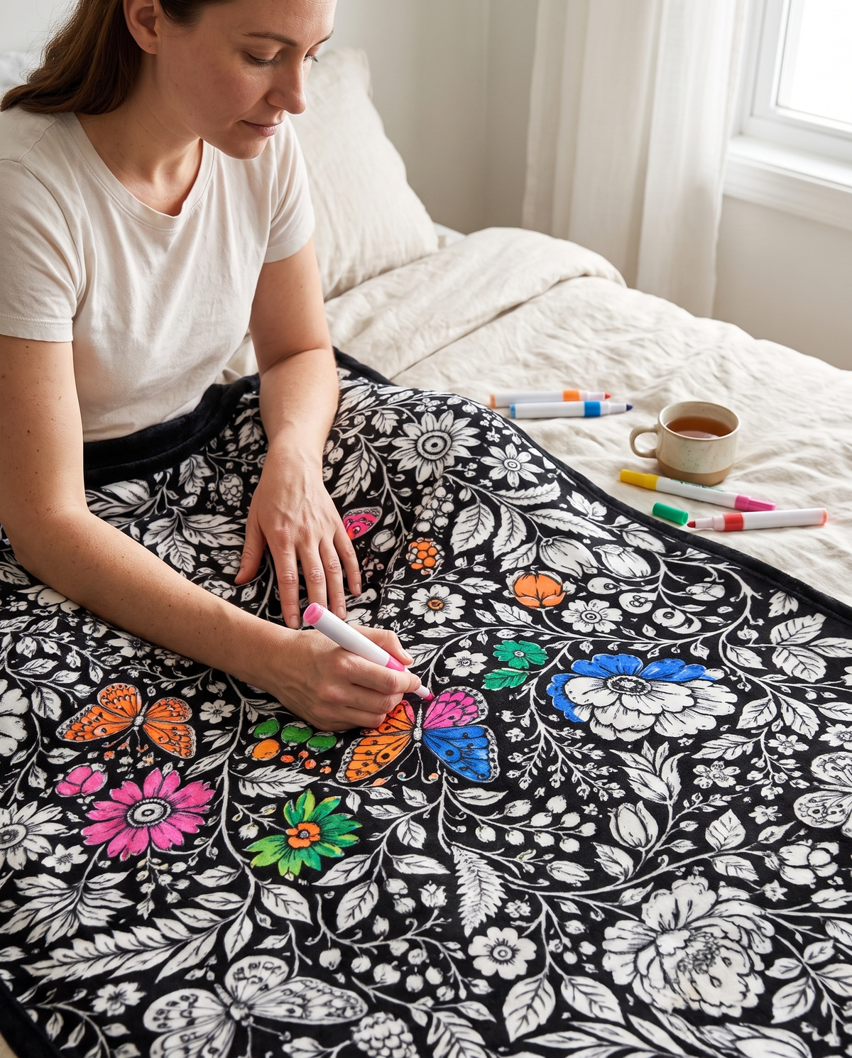 A woman on her bed coloring in the Wildflowers blanket