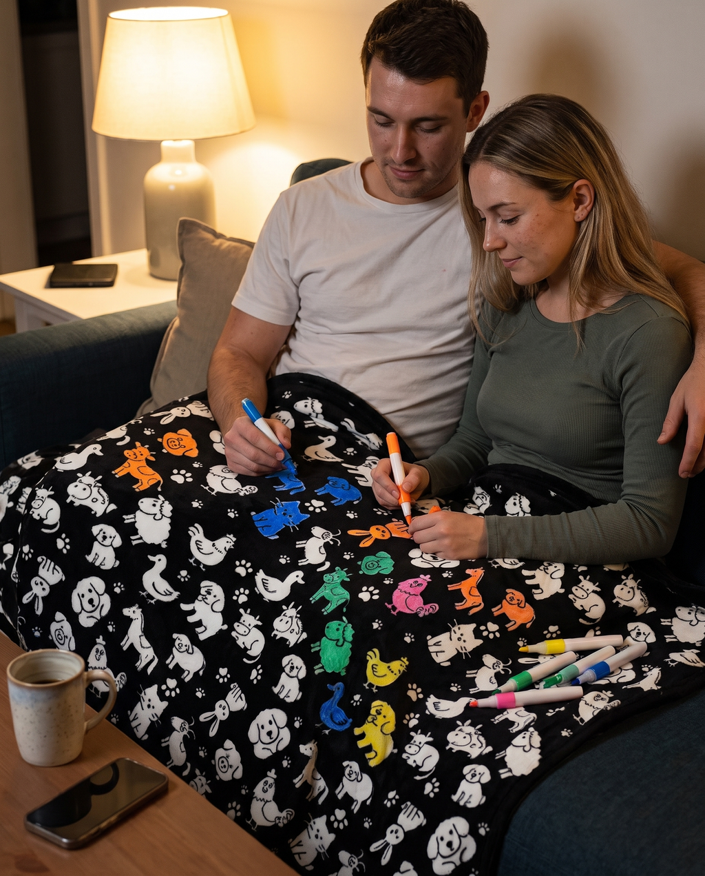 A couple on the couch coloring in the Animal Doodles blanket with acrylic markers