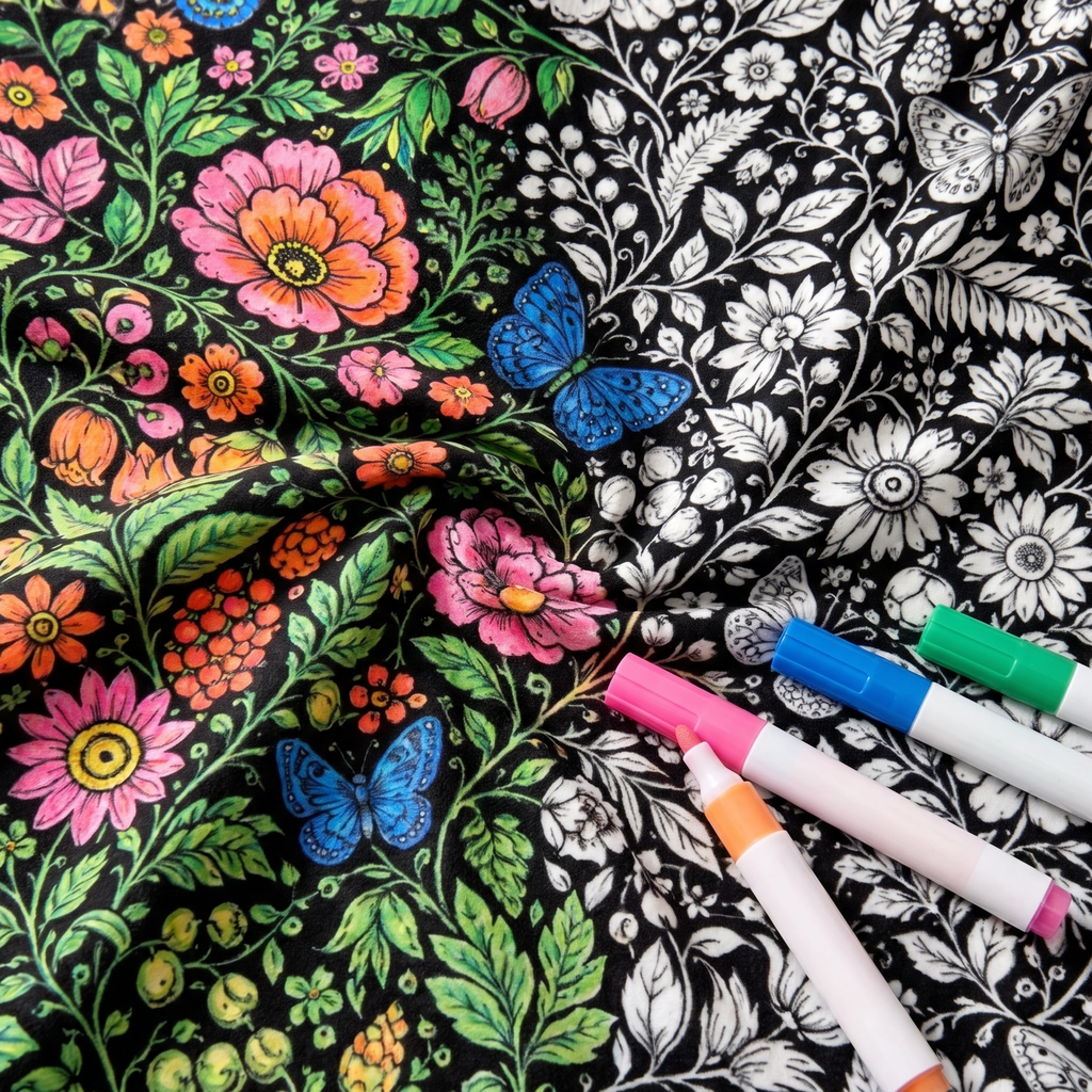 Wildflowers coloring blanket half colored in, with acrylic markers lying on it