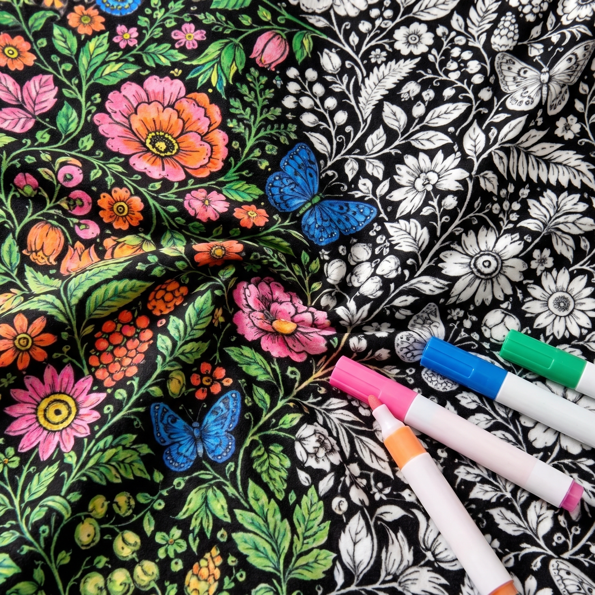 Wildflowers coloring blanket half colored in, with acrylic markers lying on it