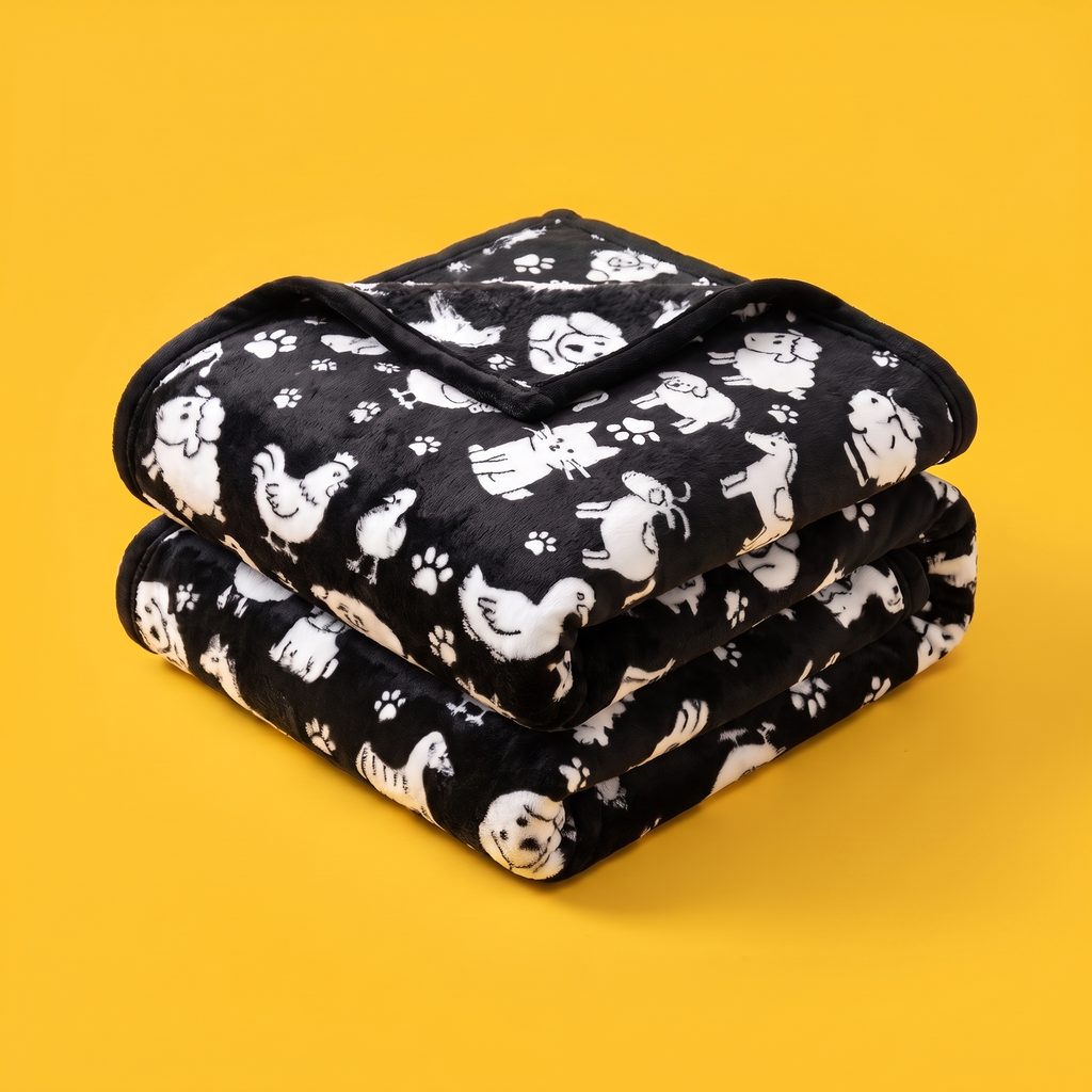 The Blanksy coloring blanket in Animal Doodles, folded, black fleece with white animal outlines