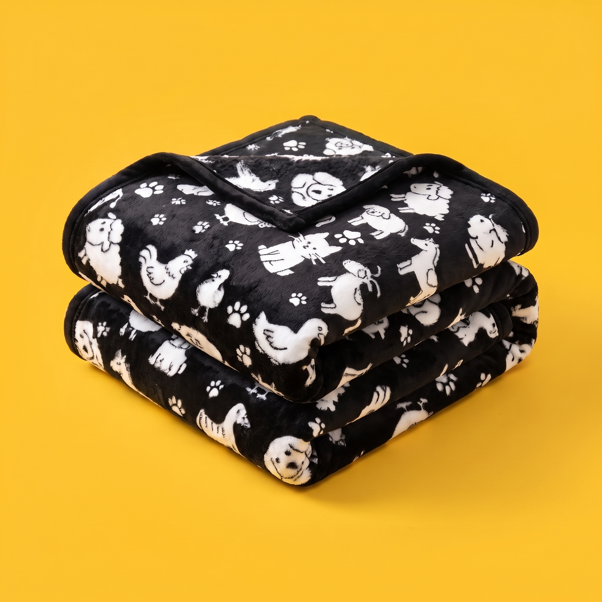 The Blanksy coloring blanket in Animal Doodles, folded, black fleece with white animal outlines