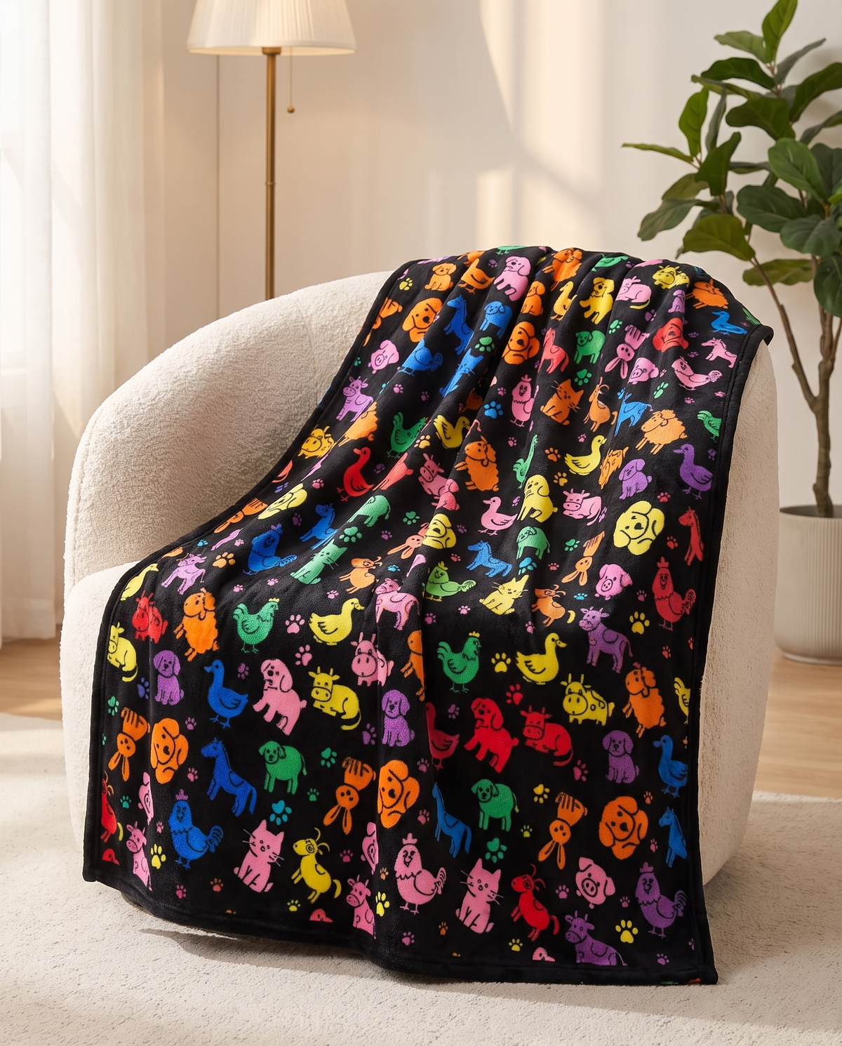 Fully colored Animal Doodles blanket draped over an armchair